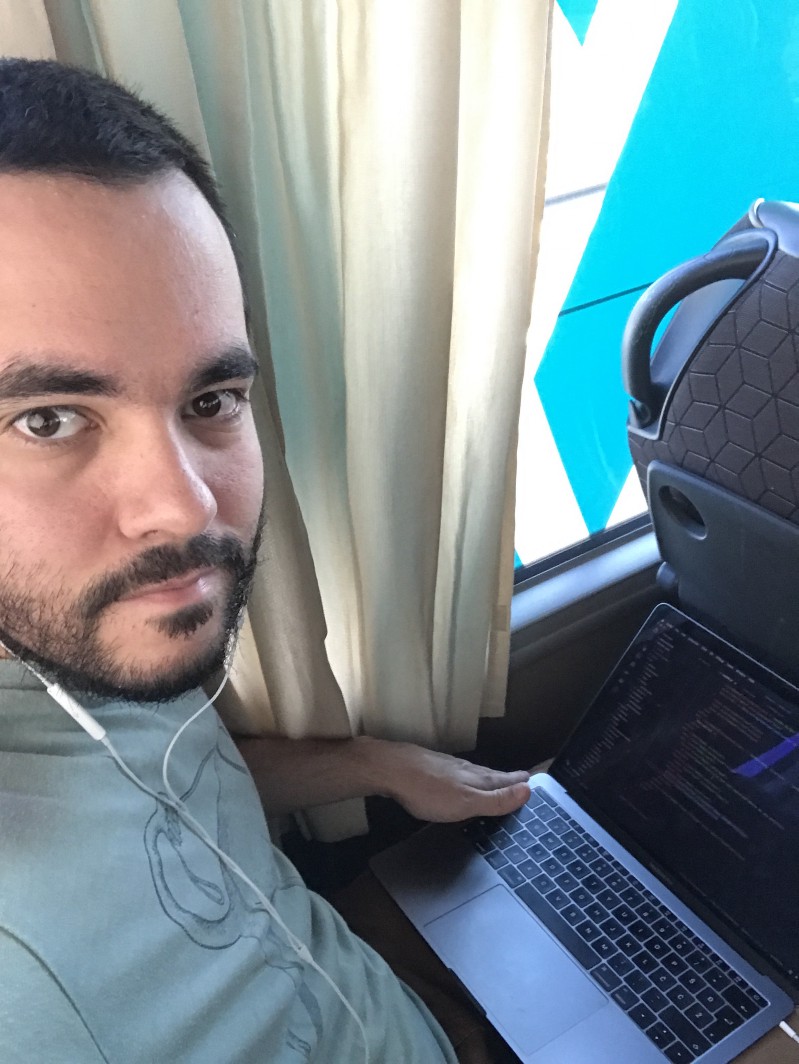 Working in bus, little bit under stress, but still working